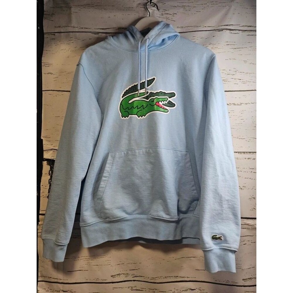 Lacoste Double Croc Hoodie Mens M Light Blue Classic Fit Big Logo Pullover